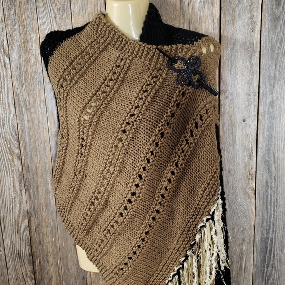 NEW Black Brown Colorblock Hand Knitted Shawl Scarf Wrap Boho Hippie Handmade - Picture 8 of 9
